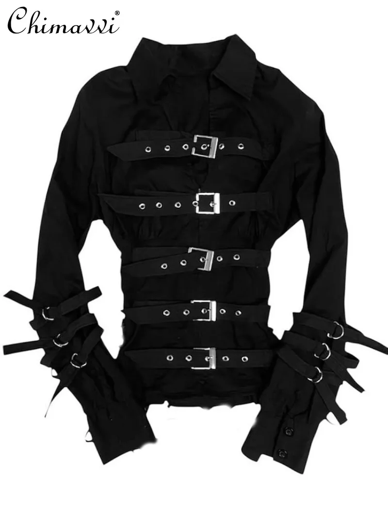 

Original Korean Fashion Y2K Black Shirt 2026 Spring and Autumn New Gothic Punk Dark Girl Long Sleeve Lolita Blouse Women Tops