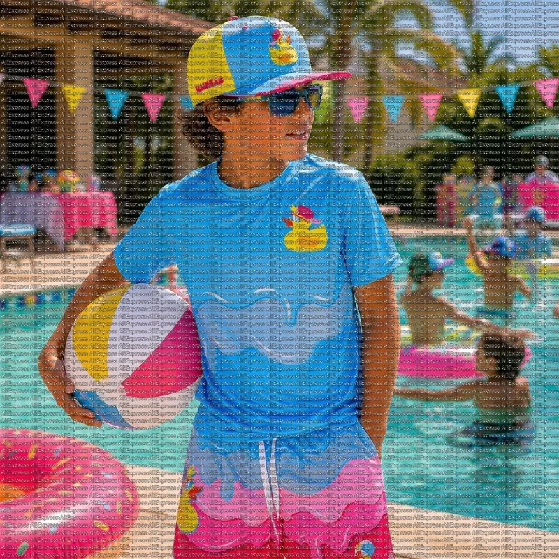Summer Beach Little Yellow Duck Mascot Quick Drying Sports T-shirt Blue Wave Print Short Sleeve Adult Youth Team Kit