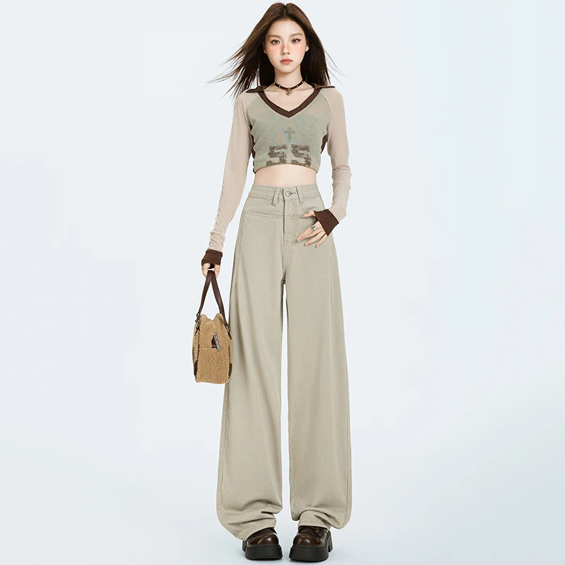 

2025Autumn hot-selling American retro style unique trendy design loose slimming versatile fashionable floor-length women's jeans