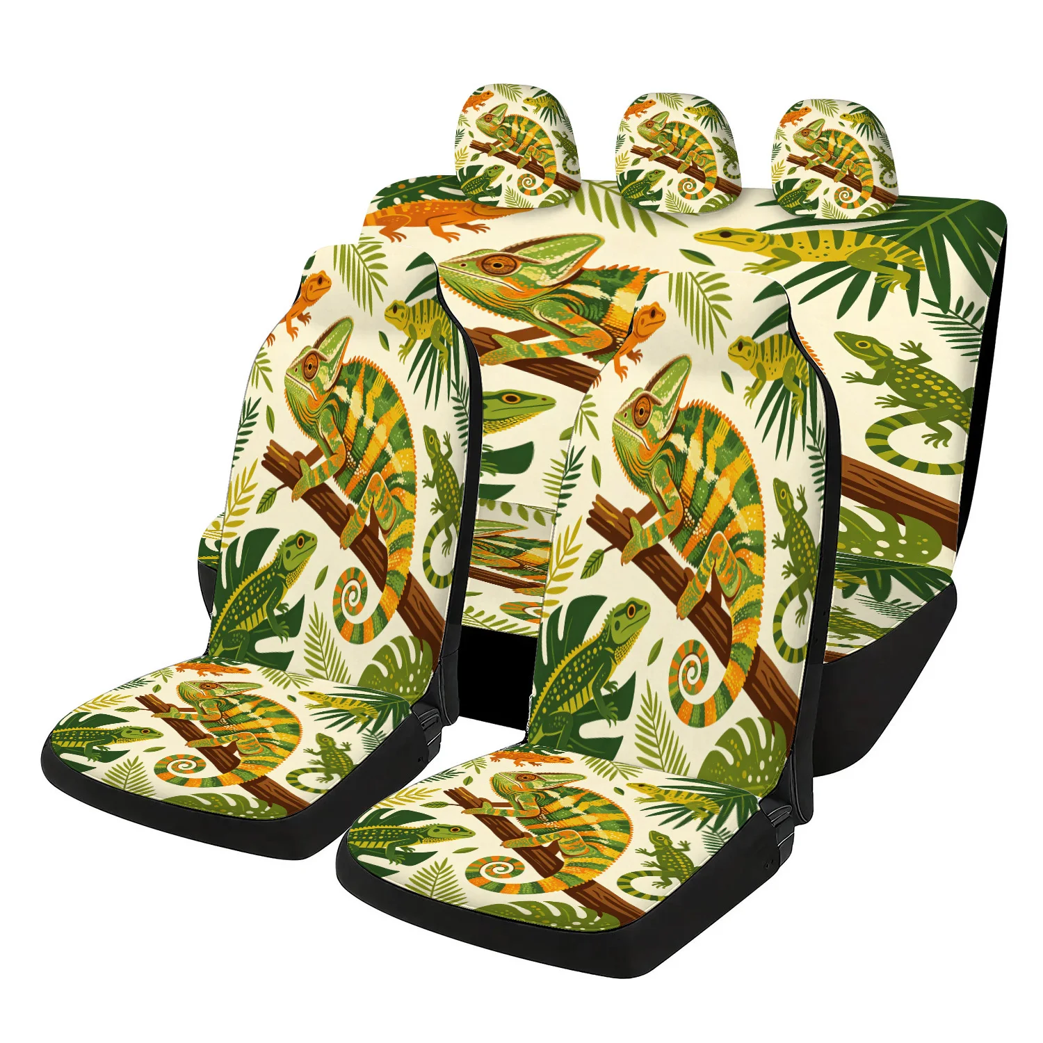 Car Seat Covers Auto Seat Protectors Universal Fit, Green Orange Chameleon Lizard Tropical Leaves Print, Modern Summer, Car SUV