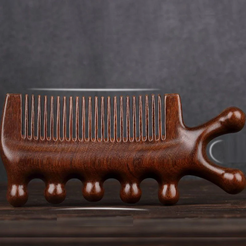 Peine de masaje meridiano 3 en 1, peine de cabeza de punta de madera sin mango de cinco dientes, peine de sándalo de dientes anchos, peine de cabeza de masaje