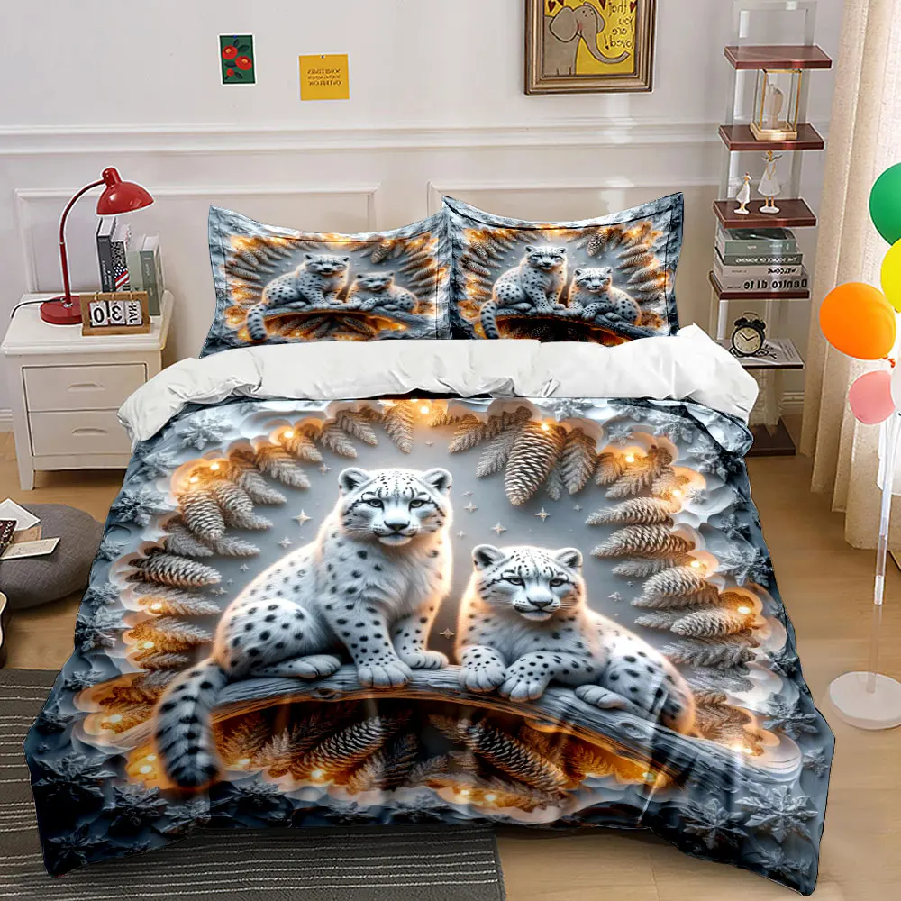 3D Paper Carving Two Snow Leopards Winter Pine Bedding Set 3pcs, White Relief Animal Print 1 Duvet Cover And 2 Pillowcase, Gift