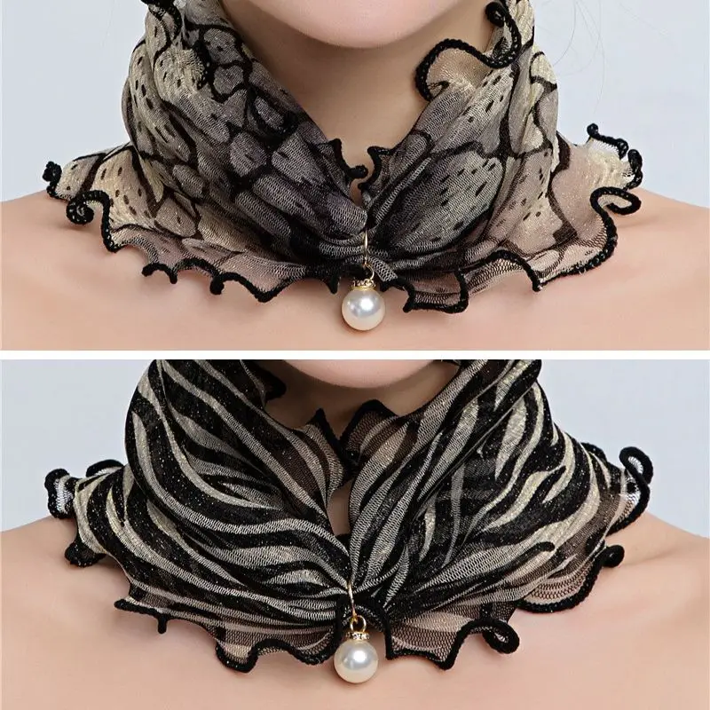 

New Fashion Neck Collar Print Shiny Variety Loop Scarf Ruffle Lace Scarf Pearl Pendant Organza Chiffon Scarves Bandana Headband