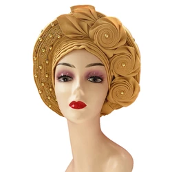 Nigerian Already Made Gele Headtie Gold Aso Oke Gele With Gold Beads Auto Gele Aso Ebi Headtie African Turban Cap For Women