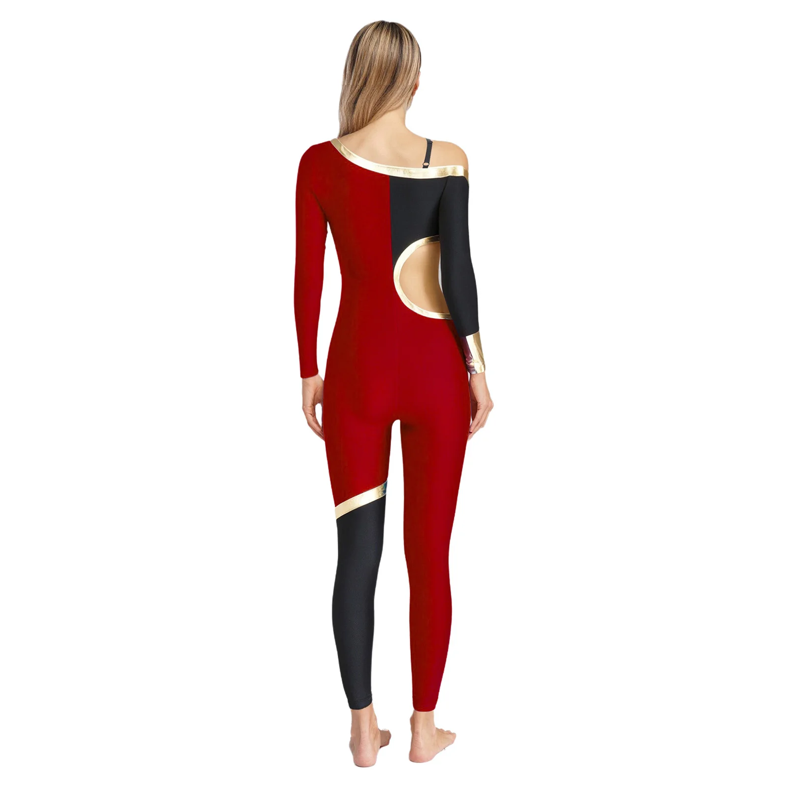 Elegant Women Jazz Jumpsuit One Shoulder Adjustable Spaghetti Strap Dance Leotard Long Sleeve Waist Cut Out Jazz Latin Dancewear
