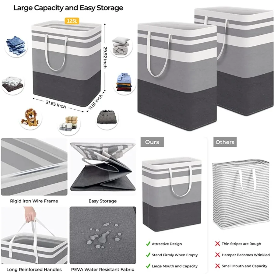 

2-Pack Large Laundry Basket, Waterproof, Freestanding Laundry Hamper, Collapsible Tall Clothes Hamper with Extended Handles for