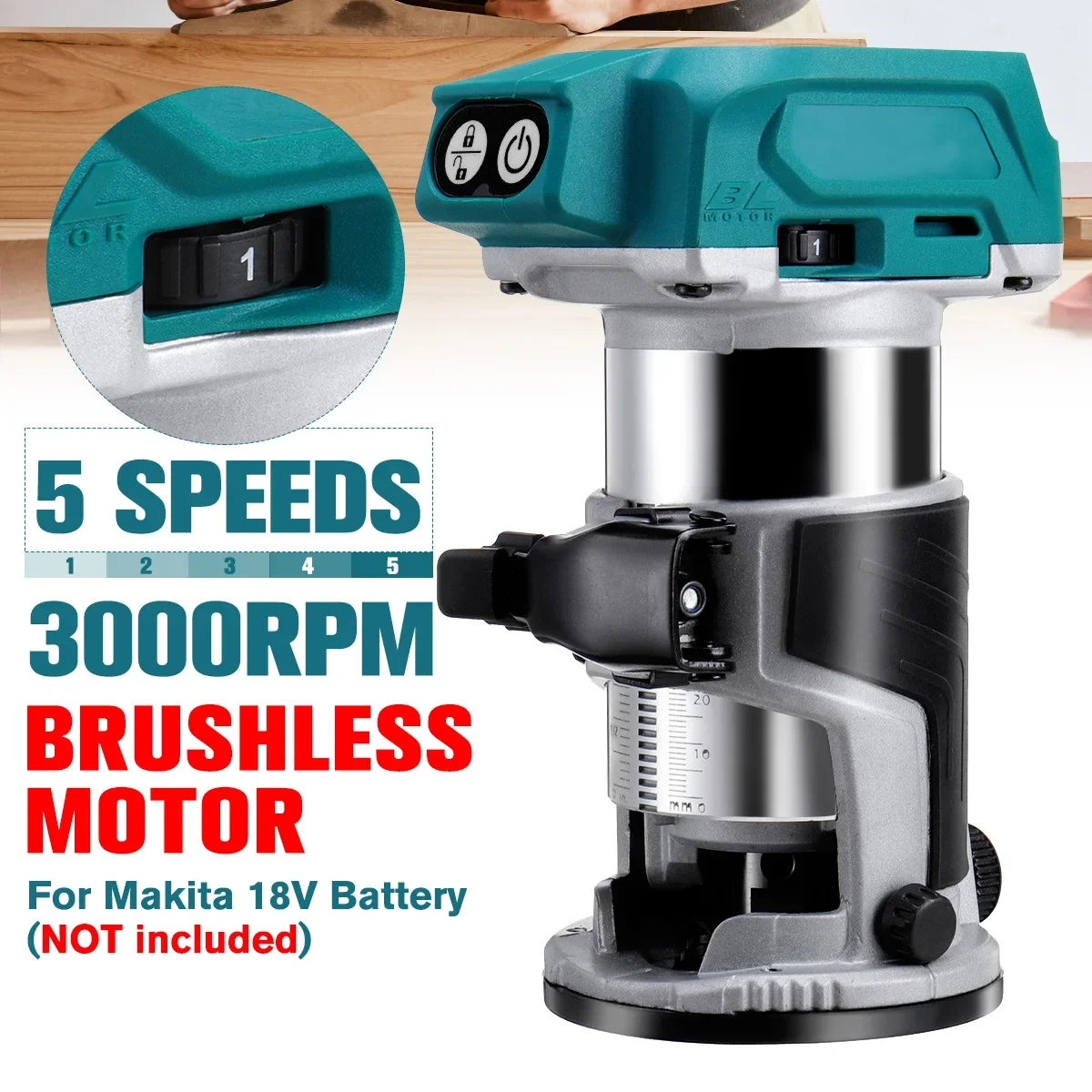 

30000 RPM 5 Speeds Brushless Cordless Electric Hand Trimmer Inclined Socket Wood Router for 18V Lithium Battery