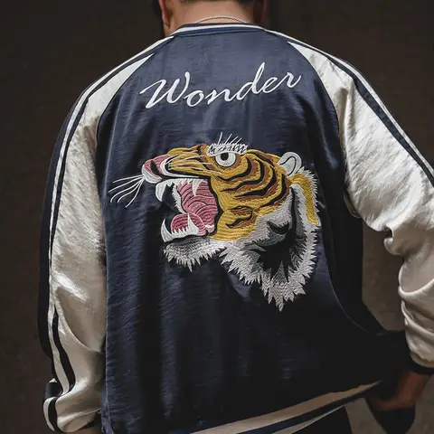 Maden Workwear 아메리칸 레트로 리버시블 요코스카 재킷 타이거 자수 아이언 프리 드레이프 재킷 남성 트렌디 리버시블 Best5