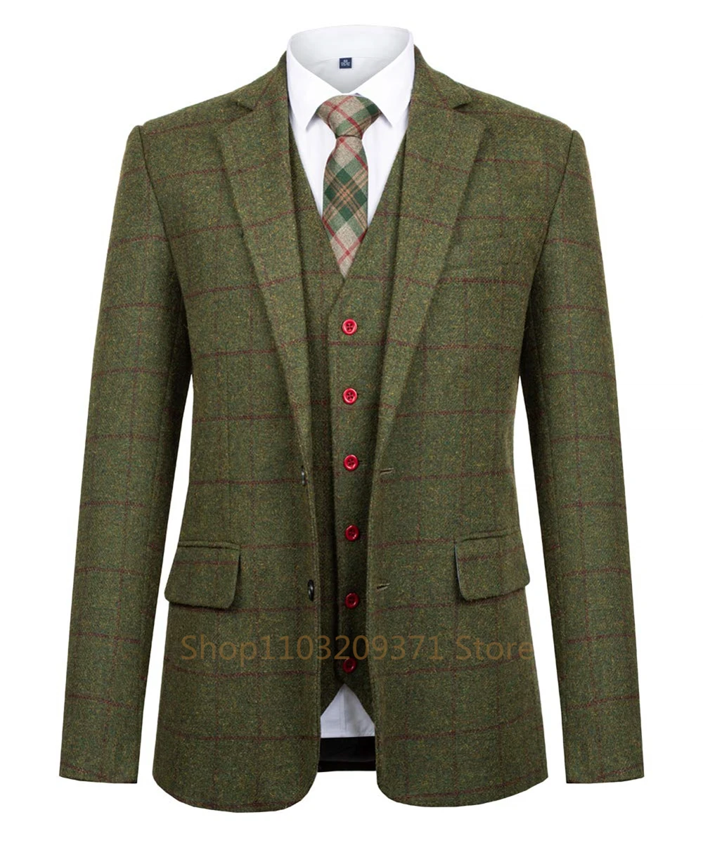 Green Men Suits Plaid Tweed Suits for Man Three Pieces Vintage Lapel Tuxedos Groomsmen Winter Wedding Suit(Blazer+Vest+Pants)