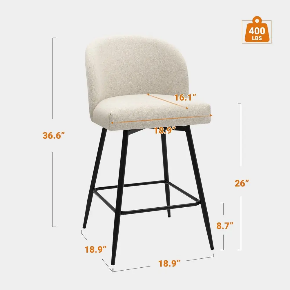 

Height Bar Stools Set of 2, 360 Swivel Upholstered Barstools with Backs and Metal Legs, 26 H Seat Height, Linen Fabric in Beige