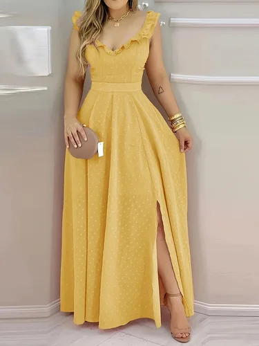 Imagen 2 del producto Vestido largo de lunares amarillo para mujer, escote con volantes, lazo en la espalda, abertura lateral, ideal para vacaciones de verano y reuniones bohemias