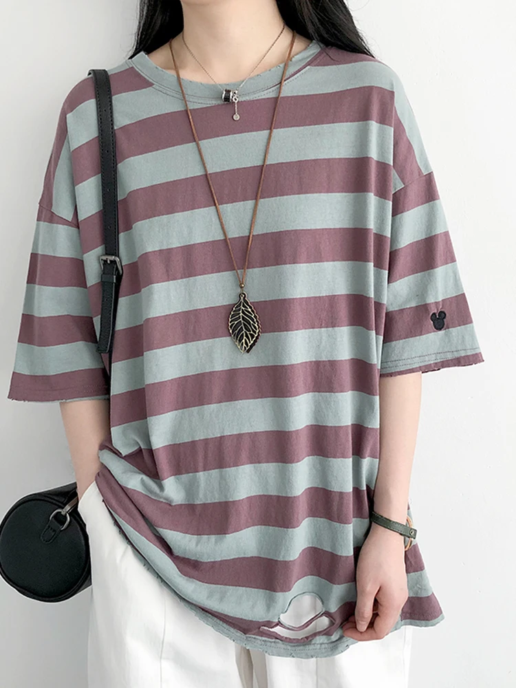 

Summer New Women Striped Tees Short Sleeve Cotton Classic Korean Style Streetwear Fashion Ripped Casual Loose T-Shirt Female Top
