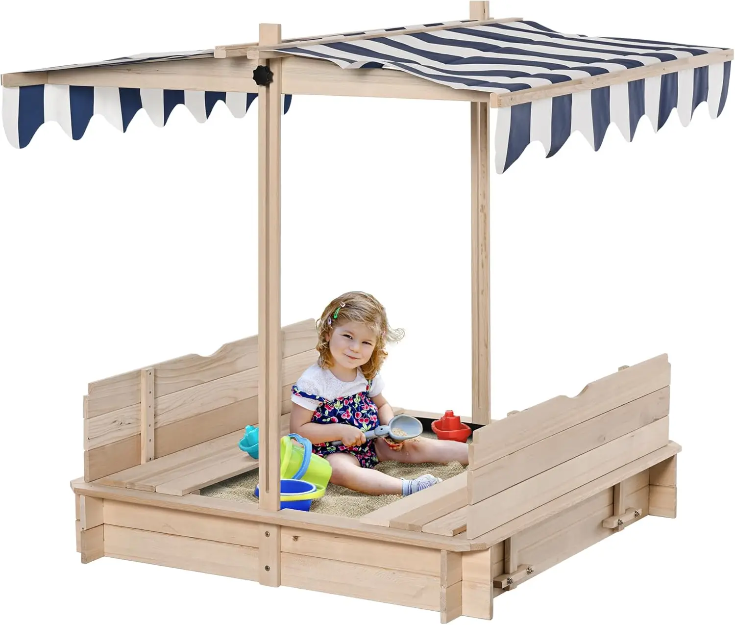 Wooden Kids Sandbox with Cover, Children Outdoor Sand Box with Foldable Bench Seats, Adjustable Canopy, Bottom Liner for Outdoor