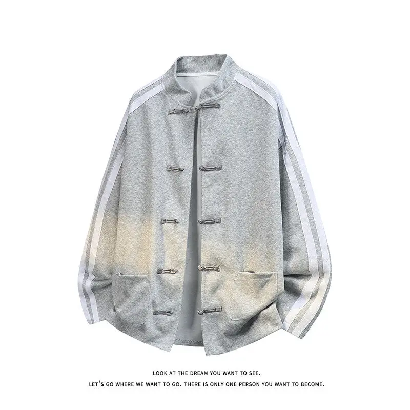 The 2026 new Chinese-style button-up cardigan design is a heavyweight hoodie with a loose and trendy top, a spring and autumn
