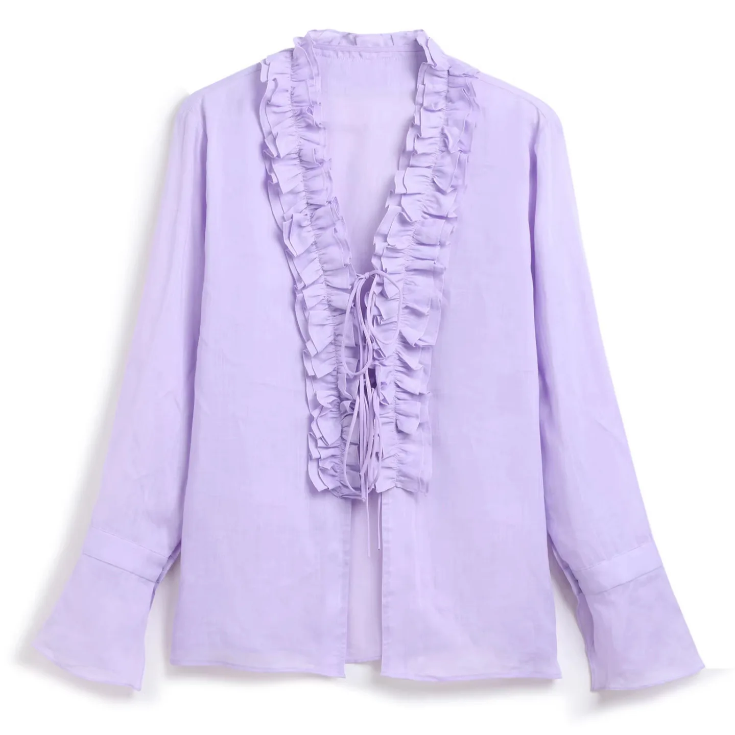 

2026 Ruffled V-neck Shirt Long-sleeve Top Women Haute