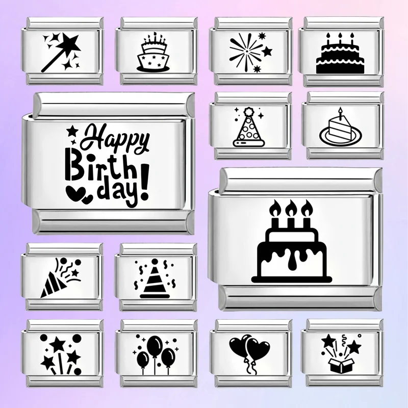 Trendy New Fashion English Words Happy Birthday Big Cake Charm Italian Links Fit 9mm Stainless Steel Bracelet DIY Making Jewelry
