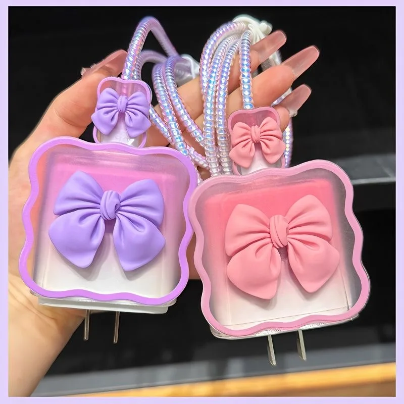 Cute Bow Charging Data Cable Charger Protector Case For iPhone 17 16 15 13 18W 20W Charger Protective Cover Winder Accessories