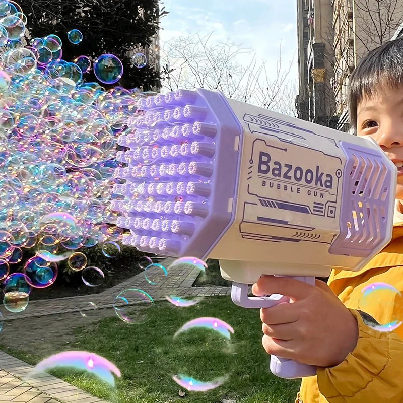 Pistola per bolle Razzo 69 fori Bolle di sapone Macchina a forma di mitragliatrice Ventilatore automatico con giocattoli leggeri per bambini Pomperos Regalo per bambini