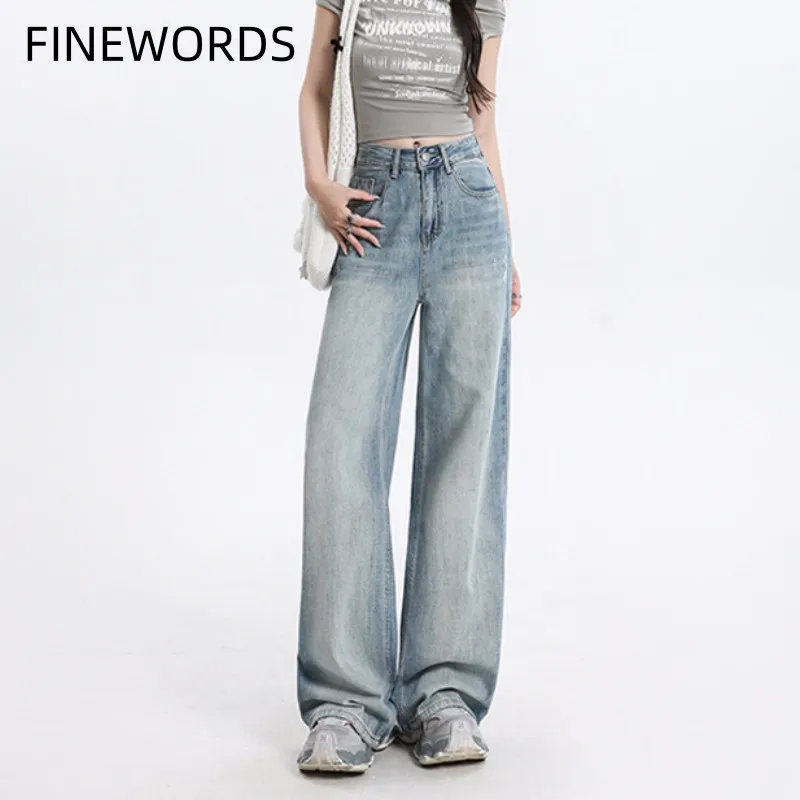 FINEWORDS High Waist Vintage Washed Blue Jeans Women Casual Wide Leg Korean Baggy Jeans Y2k Streetwear punk Harajuku Denim Pants