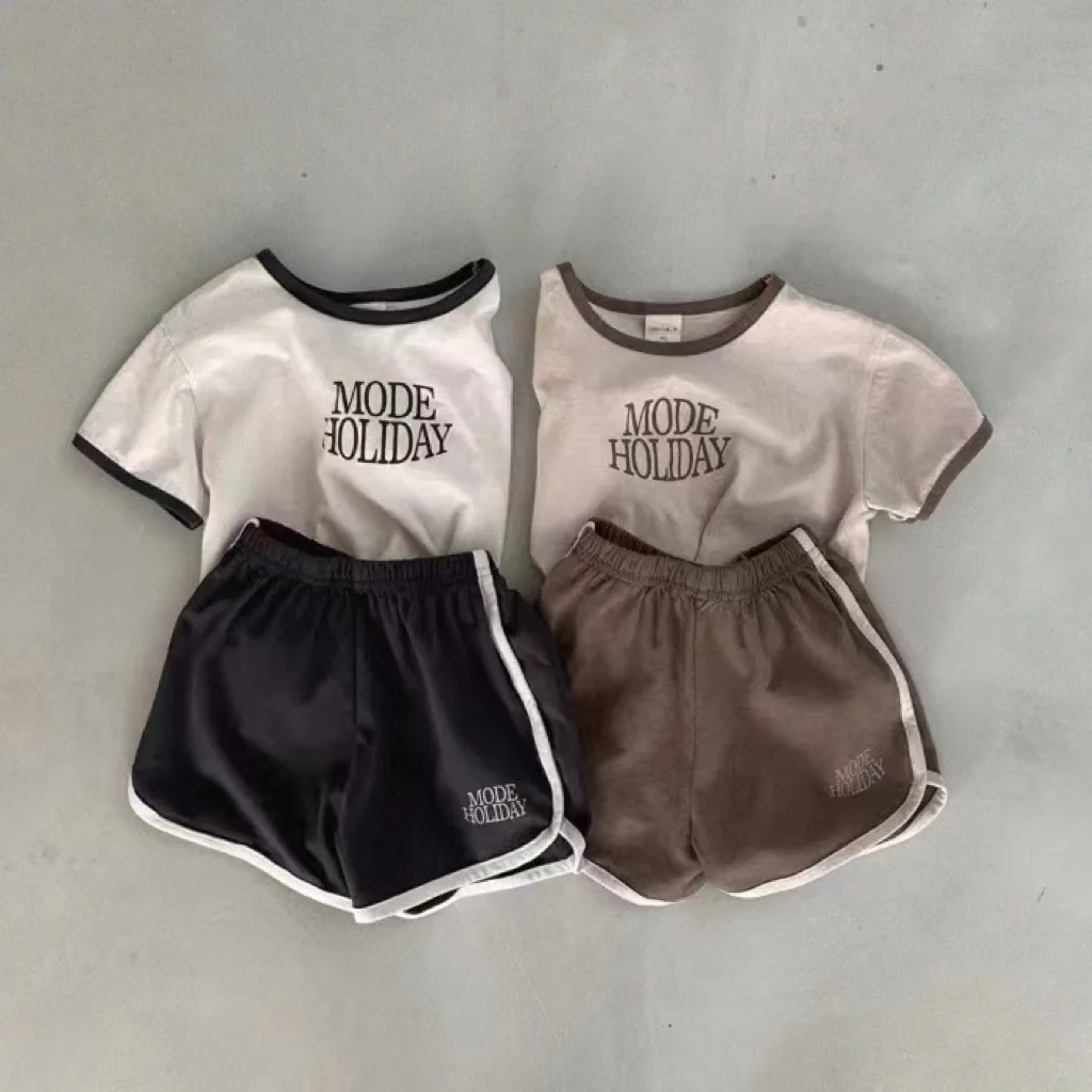 

Baby Clothes Korean Style Solid Color Letter Printing Set 2024 Summer Boys Baby Girls Fashion Casual Round Collar Two Piece Set