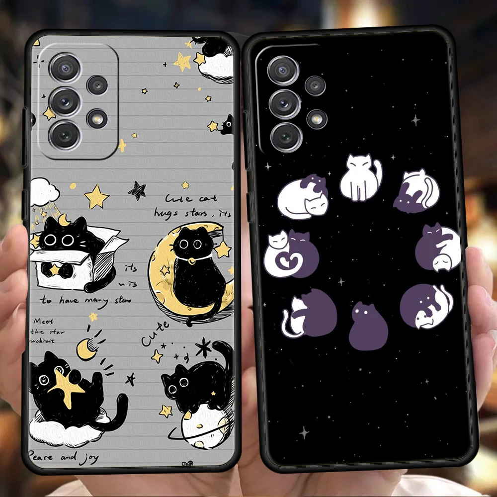 Cute Black Cats Kawaii Creative Phone Case for Samsung Galaxy A73 A55 A53 A51 A35 A33 A32 A25 A23 A22 A15 A13 A17 A07 Soft TPU
