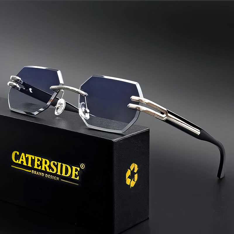 CATERSIDE Retro Frameless Sunglasses Men Polygonal Metal Frame Women Sun Glasses Business Outdoor Travel Gift Box Summer Style