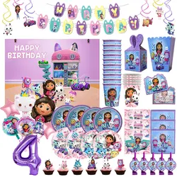 Gabby Dollhouse Birthday Decoration Tableware Cup Plate Backdrop Balloon Set Gabby Dollhouse Cats Theme Party Girls Supplies Kit