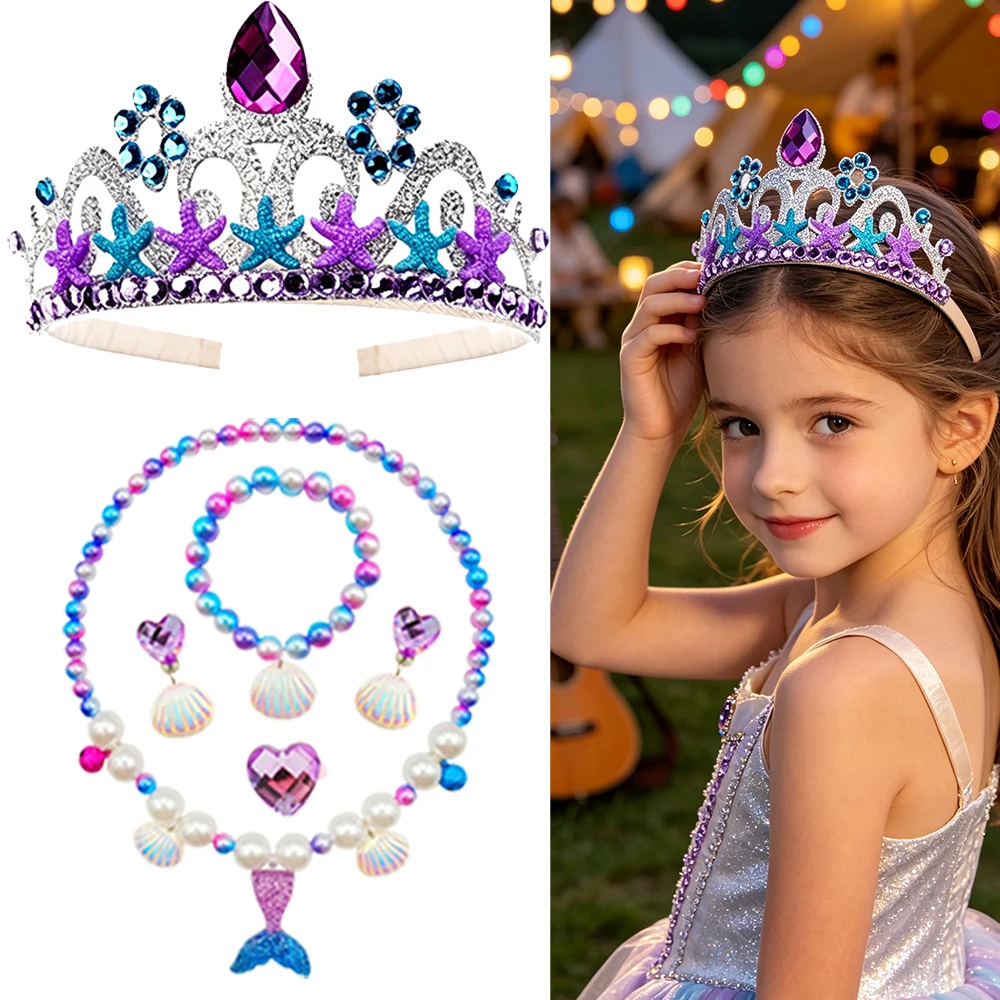Purple Princess Crown and Mermaid Fishtail Necklace Set With Rhinestone Crystal Jewelry For Girls Birthday Party Stage