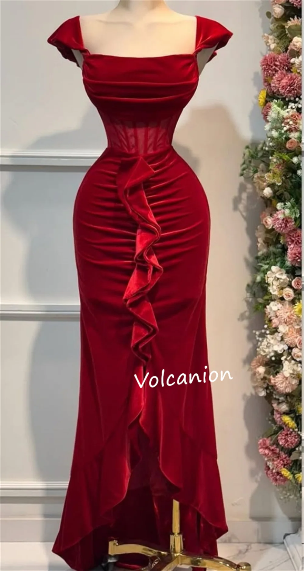 Vestidos Hi-Lo personalizados con volantes de terciopelo, sirena, cuello cuadrado, ocasión a medida, noche Formal, exquisita alta calidad