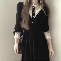 Women's Long Sleeved Lace Patchwork Dress, Black Fake Two-Piece Long Skirt, Spring and Autumn Wear