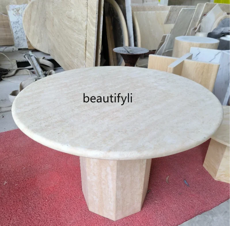 

Q Designer Natural Marble Dining-Table Silent Style Living Room Mid-Ancient round Table Imported Cave Stone Dining Table