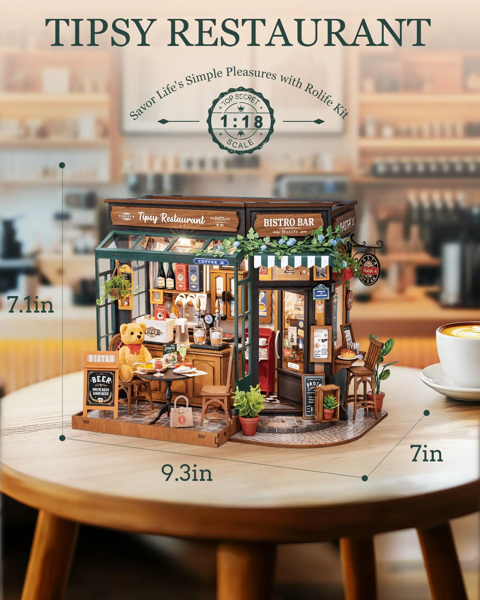 Robotime Rolife Tipsy مطعم دمية مصغرة ثلاثية الأبعاد لغز خشبي بيسترو بار تصميم هدايا للعائلة ديكور المنزل اللعب