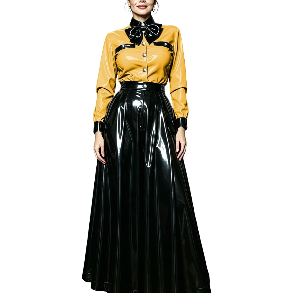 Women PVC Shiny Contrast Color Bow Tie Skirts Suit Glossy Leather Long Sleeve Collared Blouse and Flared Long Skirt Party Outfit