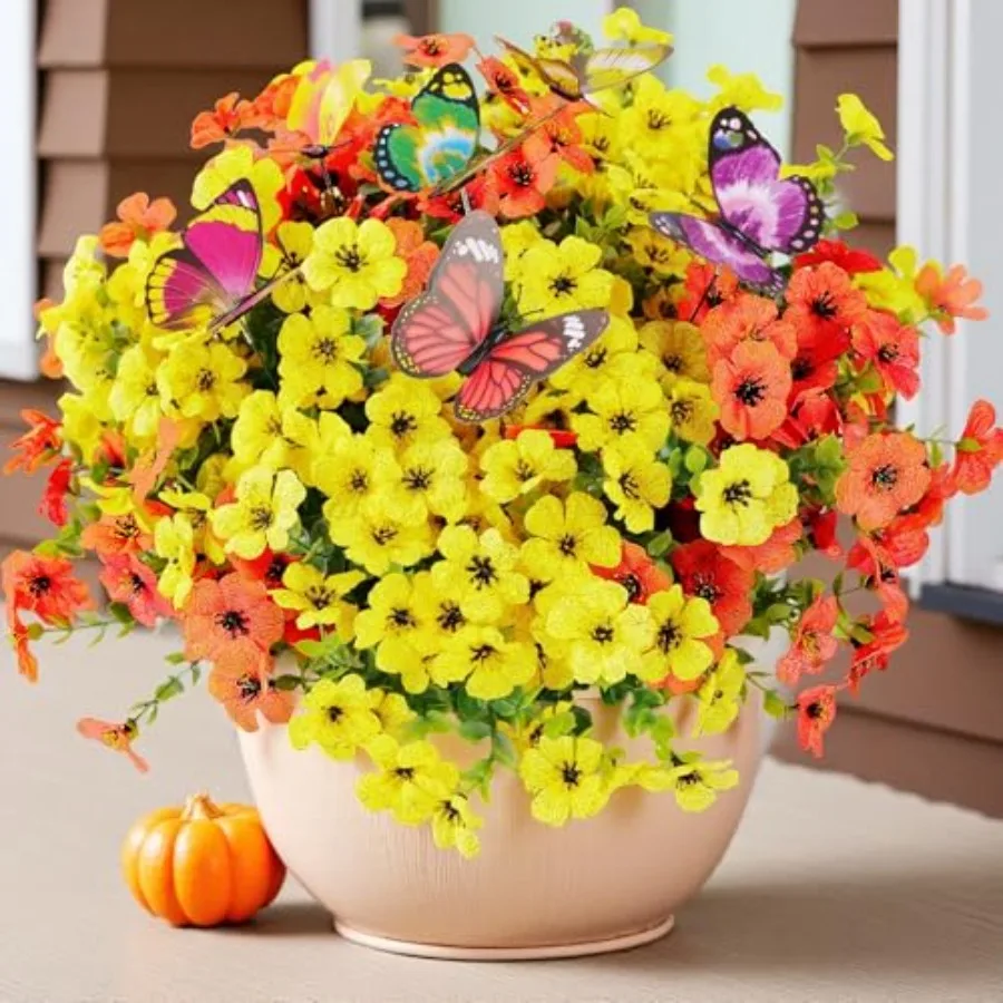 

20 Bundles Artificial Flowers for Outdoors and 6 Faux Butterflies, UV Resistant and No Fade, Fake Flowers for Garden Patio Porc