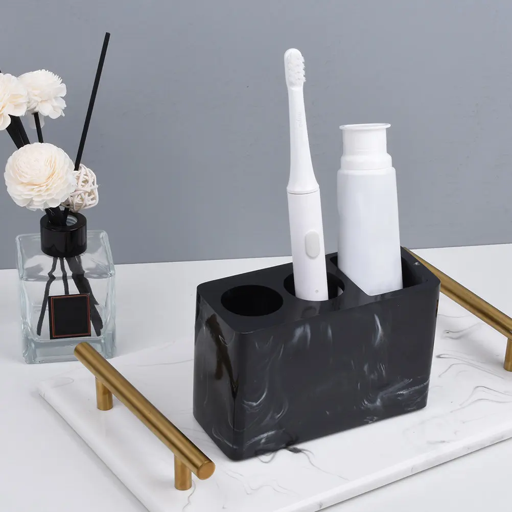 

Marble Style Resin Toothbrush Holder Stand Bathroom Counter Organizer for Toothpaste Electric Brushes Easy Clean Drainage Design