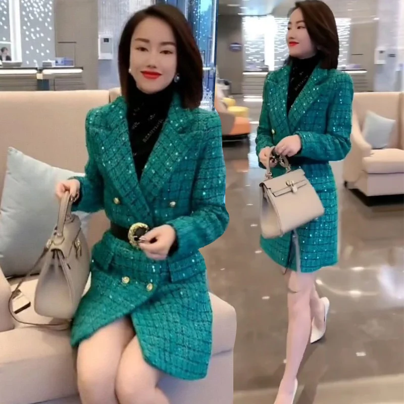 

ODFVEBX New Women Wool Blends Coat Winter 2025 Autumn Fashion Elegant Mid-Length Plaid Jacket Slim Tweed Woolen Outerwear Female