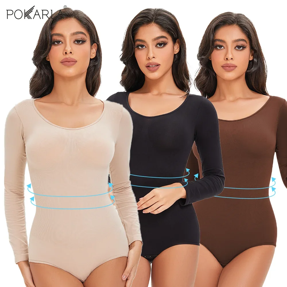 

POKARLA Spandex Elastic Body Suit Shapewear Women Body Shaper Tummy Control Long Sleeve Open Crotch Round Neck Seamless Shapers