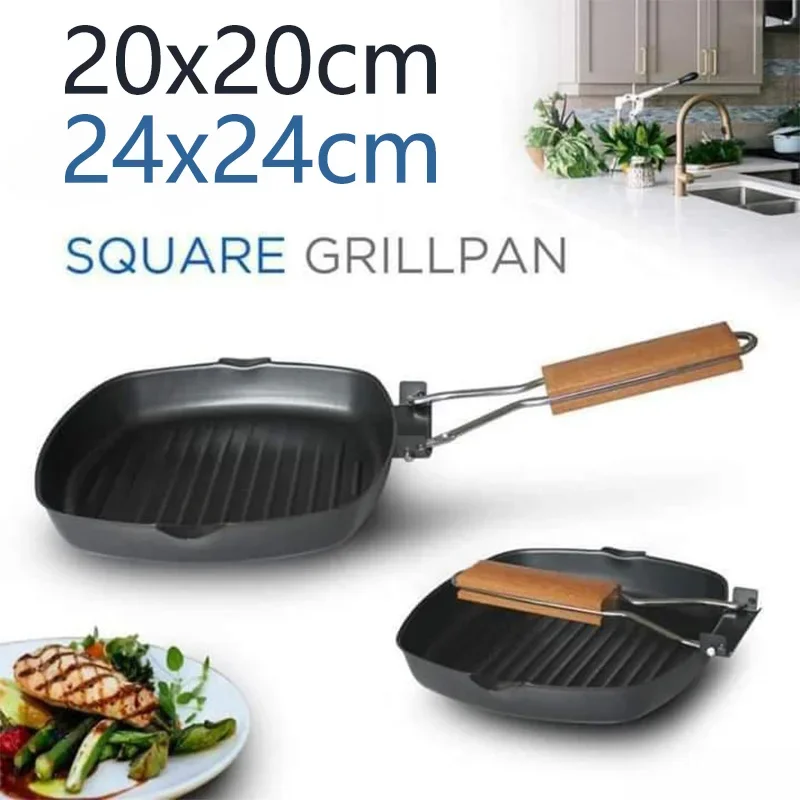 Foldable Frying Pan Portable Picnic Grill Pan Anti-scalding Wooden Handle Outdoor Durable Non-stick Grill Pan Steak Frying Pan