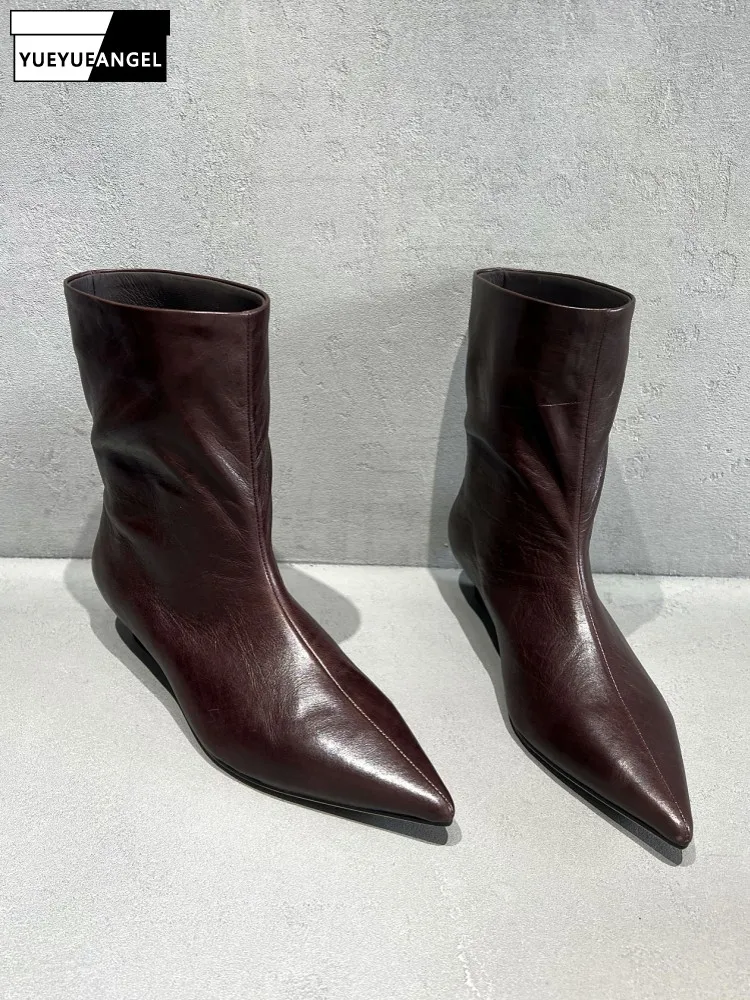 Autumn Ladies Pointed Toe Cowhide Boots Euro-American Style Genuine Leather Mid-Calf Length Boots Wedge Heel Slip-on Footwear