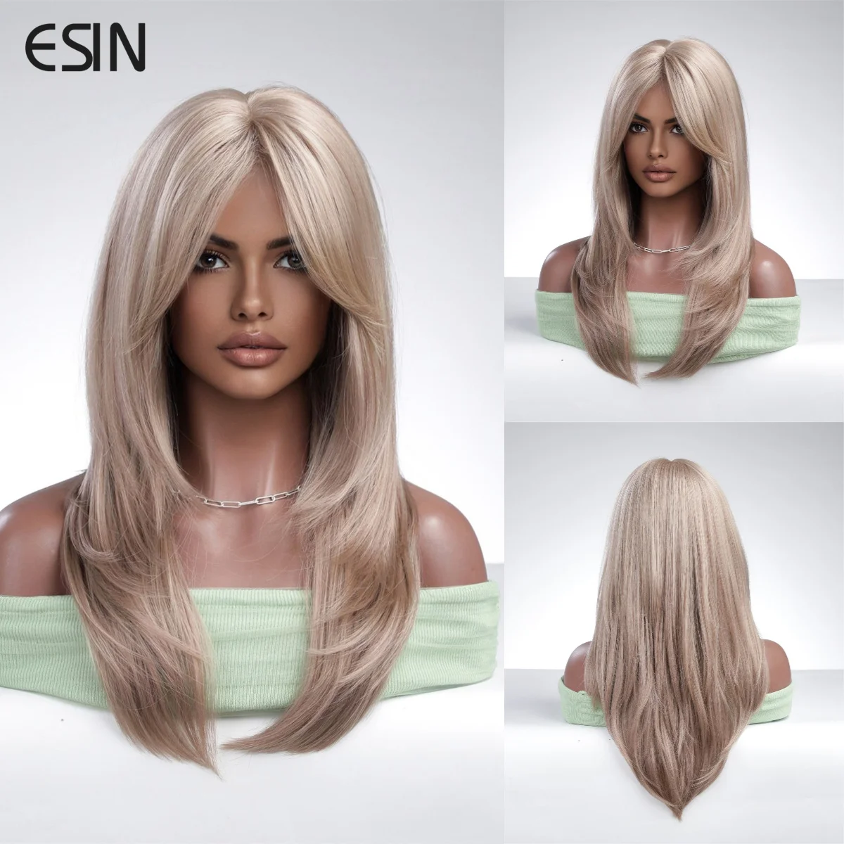 

ESIN Synthetic Wig Medium Mixed Brown and Purple Color Wigs for Women Ombre Layered Hair with Dark Roots