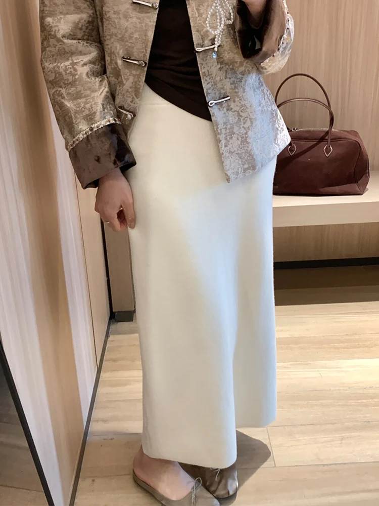 

Новая китайская шерстяная юбка миди с высокой талией, утепленная, женская, дизайнерская, стройнящая, А-силуэт, однотонная