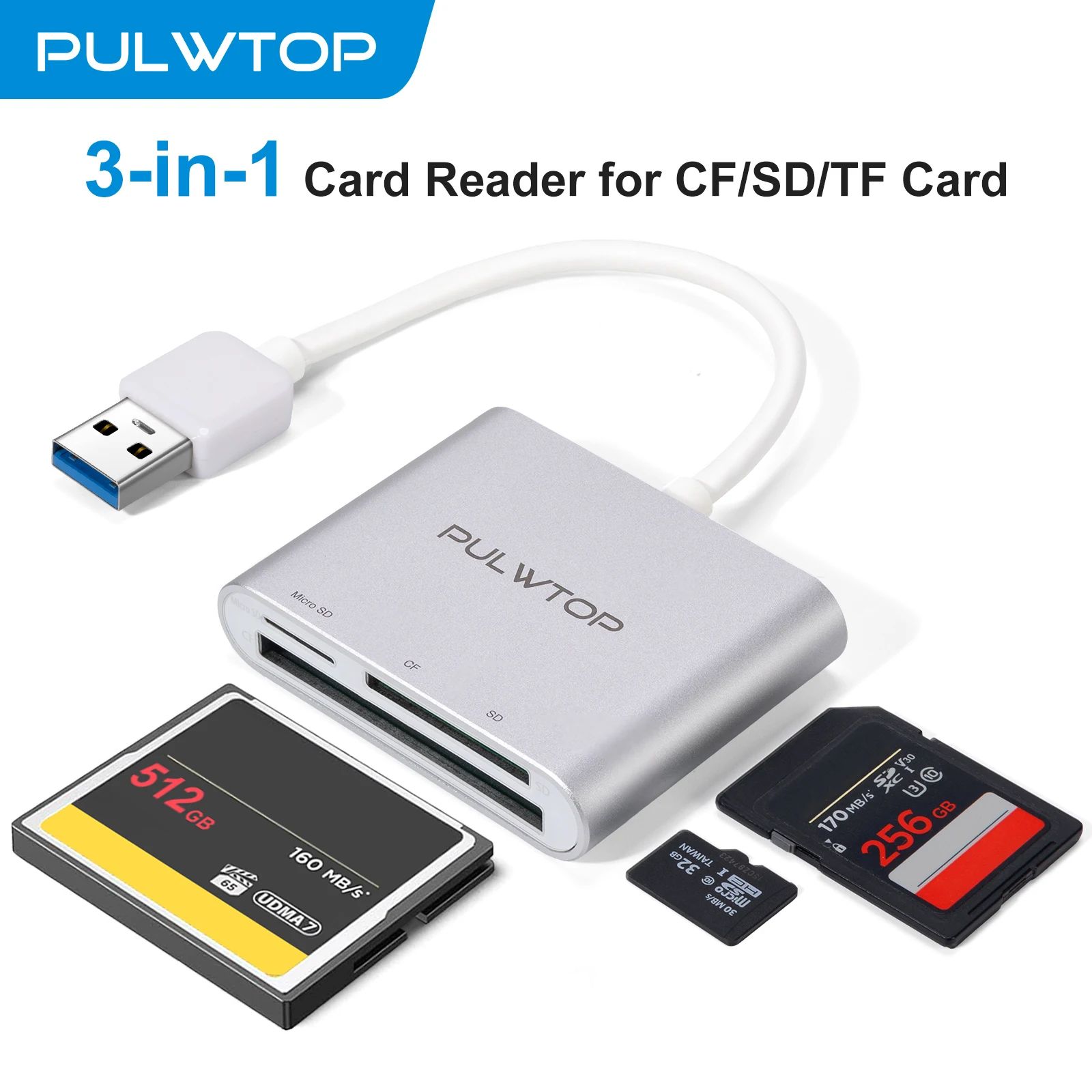 

PULWTOP USB 3.0 SD Card Reader, 3 in 1USB-A to MicroSD/SD/CF Card Reader Adapter, Memory Card Reader for MicroSD, SDHC, SDXC, CF