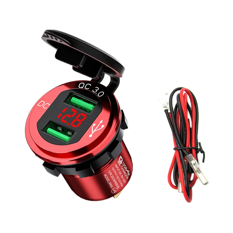 Kewig Car USB Charger QC 3.0A Dual USB Socket with Voltage LED Digital Display for Marine, Motorcycle, Truck, More Red