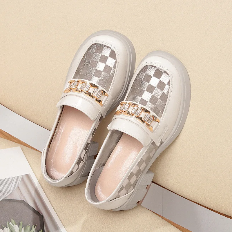 2024 Spring Female Shoes Women  Mary Jane Round Toe Flats Hollow Checkerboard Platform Casual Metal Chain Buckle Heels Black