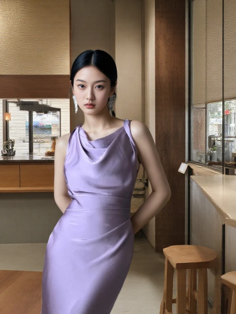 فستان أنيق من الساتان بخط عنق أنيق للنساء، تنورة طويلة بقصة ضيقة، سحاب على شكل ذيل السمكة، فتحة عالية، موضة الصيف، لون نقي