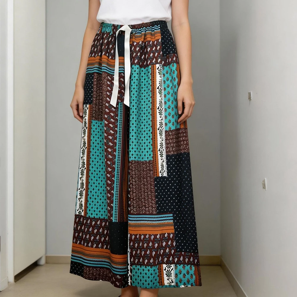 Printed Pants Wide Leg Trousers Beach Outfit 95 Polyester 5 Spandex Drawstring Waist Boho Ethnic Print Full Length