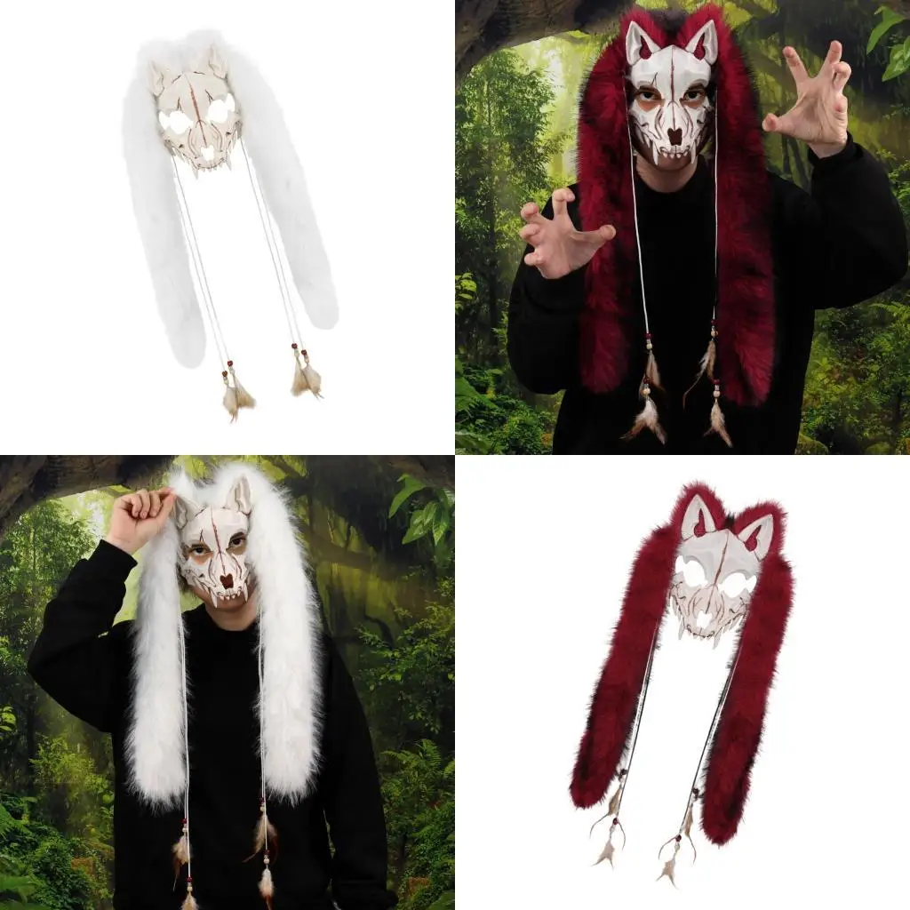 

39BB Furry Wolf Mask Faux Furs Vikinges Foxes Mask Wendigo Headdress for Halloween Werewolfs Costume Barbarian Cosplay Party