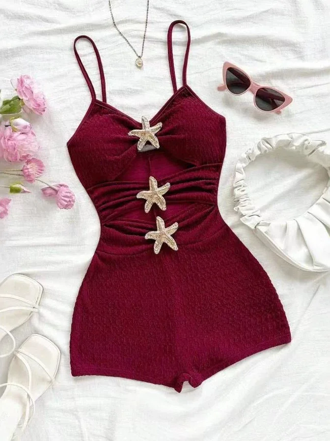 Women's Pleated Sling Hollow Waist Holiday Swimsuit Short Pants Polyester Fabric Thin Design Chinese Manufacturer