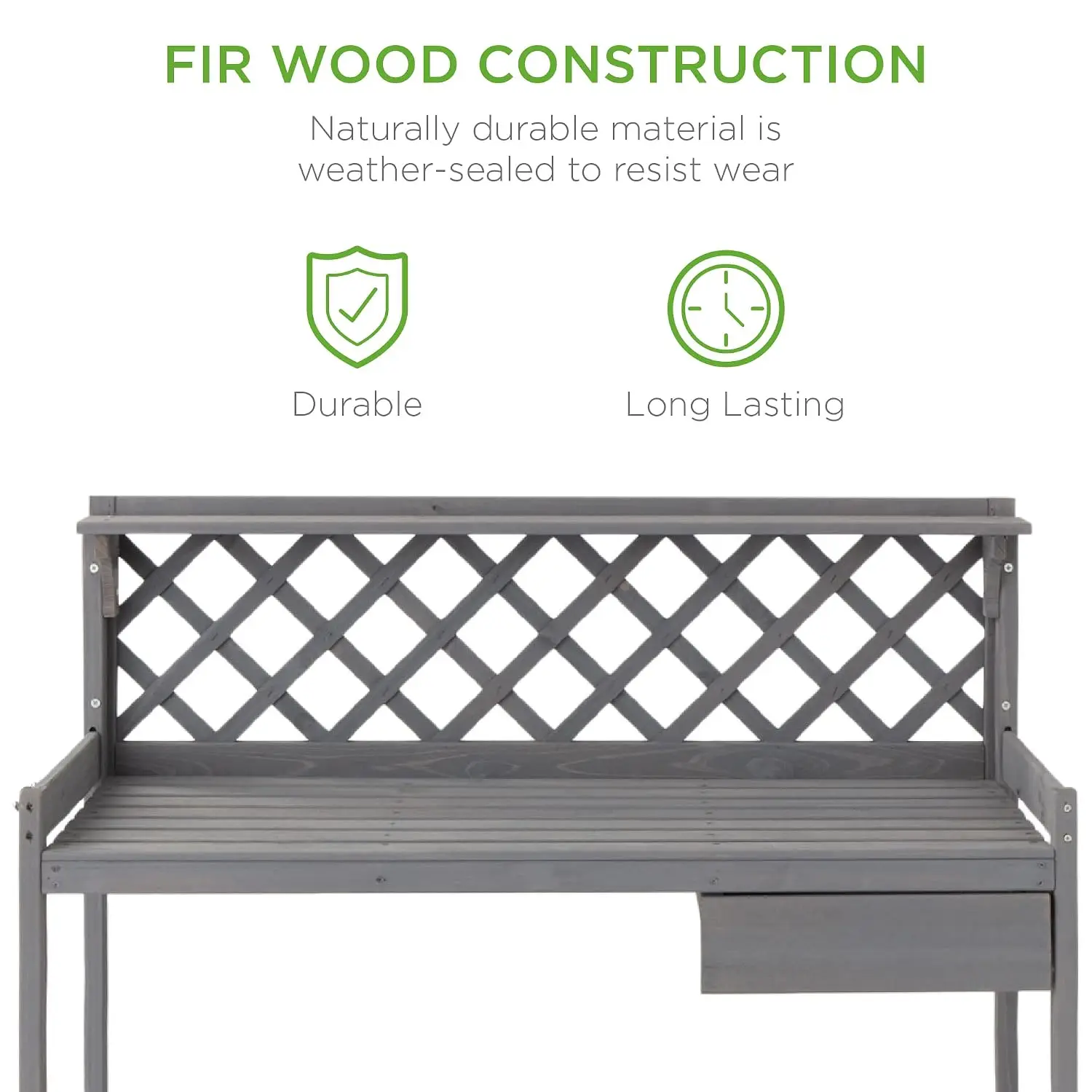 Outdoor Garden Potting Bench, Wooden Workstation Table w/Cabinet Drawer, Open Shelf, Lower Storage, Lattice Back, Gray