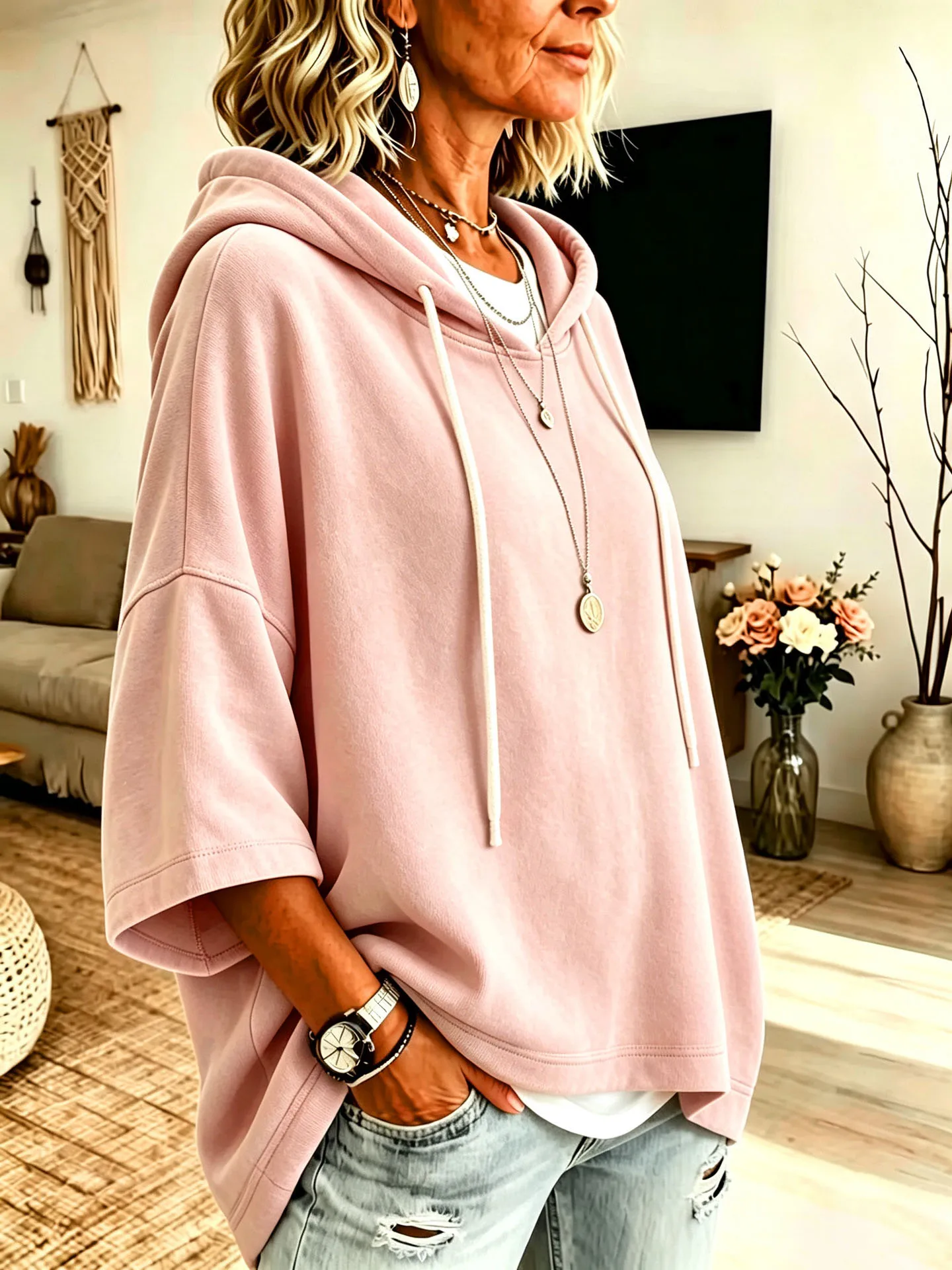 Einfarbiger Damen-Hoodie mit 3/4-Ärmeln, Lässiger Lockerer Pullover für Herbst und Winter – Detail 4